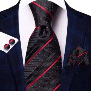 Corbata Con Pañuelo y Gemelos Negra Con Rayas Rojas