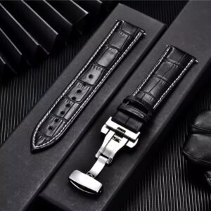 Correa/Malla  Negro Con Broche Inoxidable Para Reloj 22mm Con Hilo Blanco